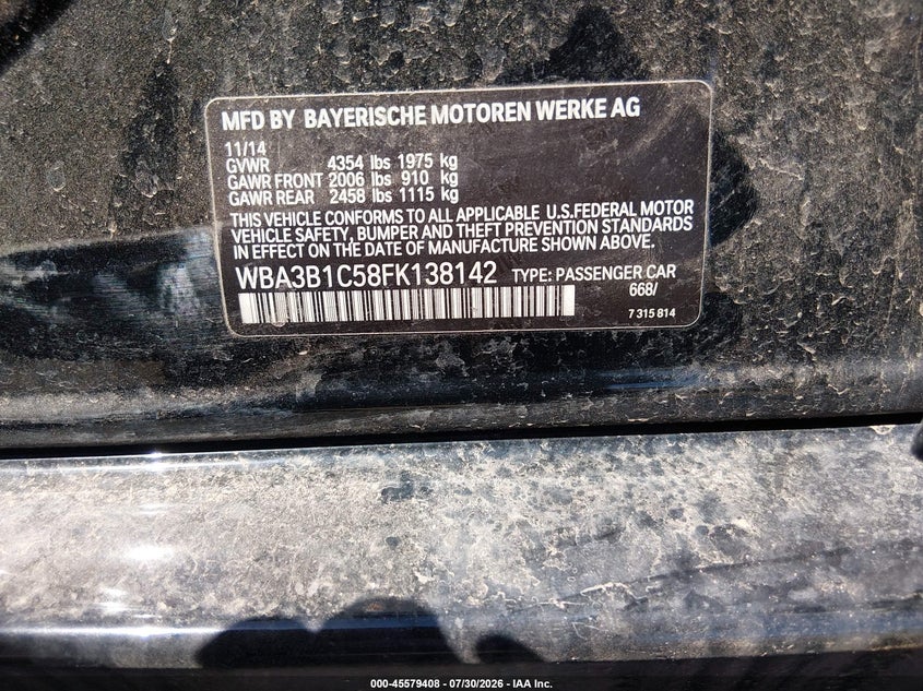 2015 BMW VIN WBA3B1C58FK138142 IAAI salvage auction — FRONT END, Clear (Arizona), sold $500 on 2026-08-18 (photo 9)
