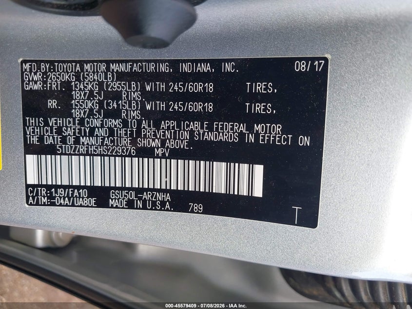 2017 Toyota Highlander VIN 5TDZZRFH5HS229376 IAAI salvage auction — RIGHT SIDE, Salvage (Texas), sold $6,500 on 2026-07-30 (photo 9)