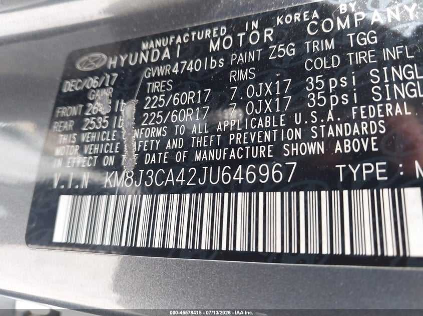 2018 Hyundai Tucson VIN KM8J3CA42JU646967 IAAI salvage auction — NORMAL WEAR, Clear (Massachusetts), sold $4,700 on 2026-07-24 (photo 9)