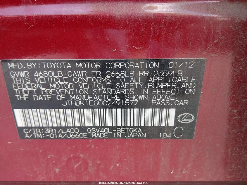 2012 Lexus ES VIN JTHBK1EG0C2491577 IAAI salvage auction — NORMAL WEAR, Nrc Lienholder Repossession Paperwork (Texas), sold $1,100 on 2026-07-27 (photo 9)