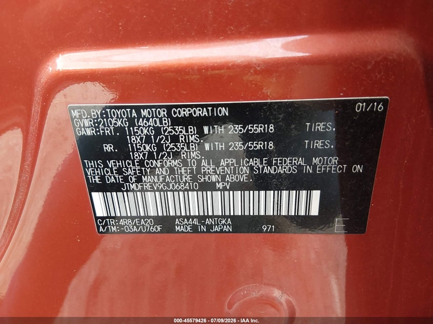 2016 Toyota Rav 4 VIN JTMDFREV9GJ068410 IAAI salvage auction — REAR END, Salvage - Greater Than 75% (Maryland), sold $6,375 on 2026-07-30 (photo 9)