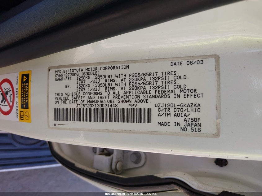2003 Lexus Gx VIN JTJBT20X130021448 IAAI salvage auction — NORMAL WEAR, Original (New Hampshire), sold $2,475 on 2026-07-22 (photo 9)