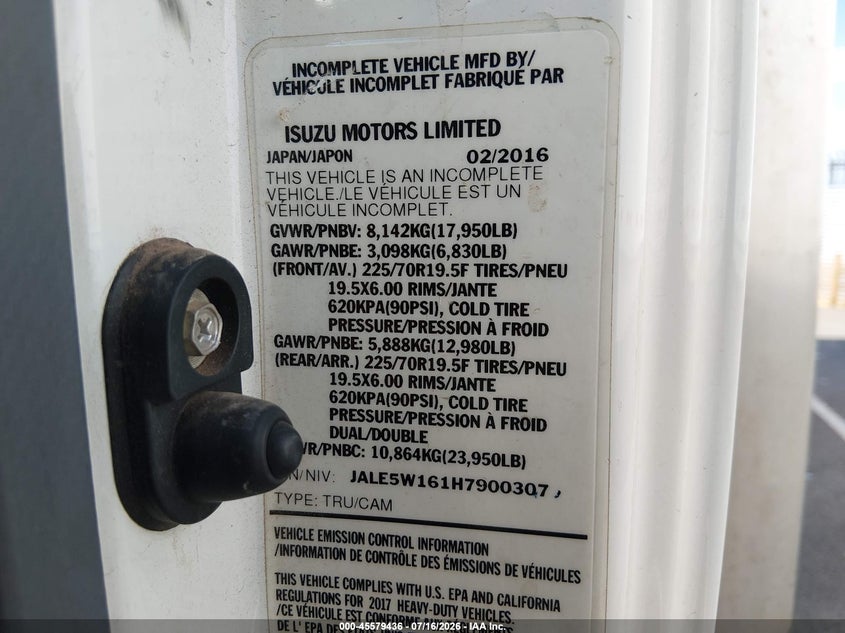 2017 Isuzu VIN JALE5W161H7900307 IAAI salvage auction — NORMAL WEAR, Clear (Utah), sold $5,400 on 2026-07-31 (photo 9)