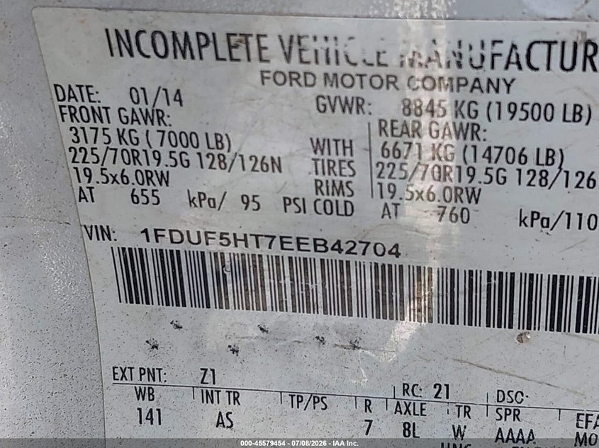 2014 Ford F550 VIN 1FDUF5HT7EEB42704 IAAI salvage auction — NORMAL WEAR, Clear (New York), sold $3,050 on 2026-09-08 (photo 8)