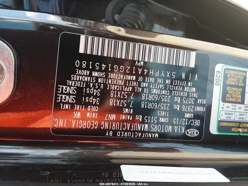 2016 Kia Sorento VIN 5XYPH4A12GG145180 IAAI salvage auction — NORMAL WEAR, Original (Texas), sold $2,200 on 2026-07-15 (photo 9)