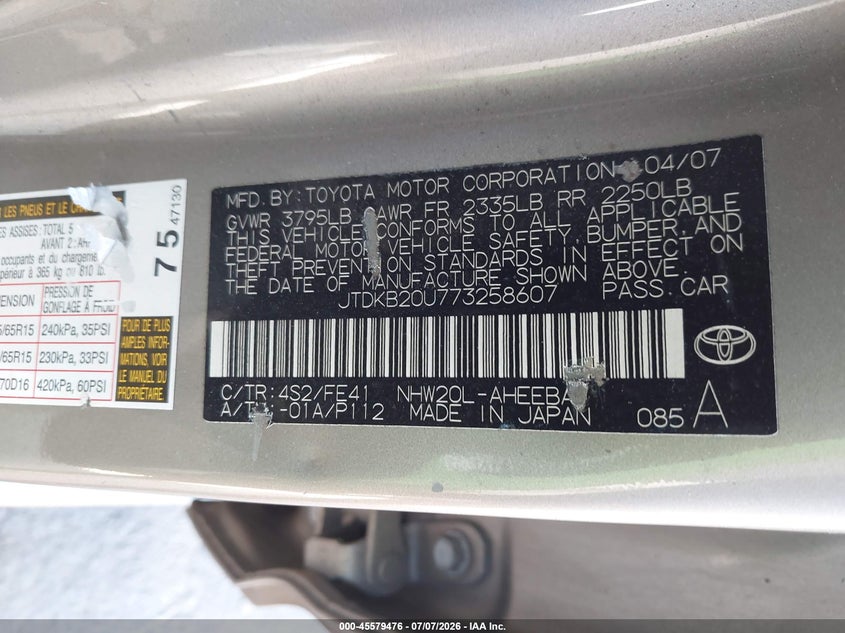 2007 Toyota Prius VIN JTDKB20U773258607 IAAI salvage auction — UNKNOWN, Clear - Dealer Only (California), sold $275 on 2026-07-29 (photo 9)