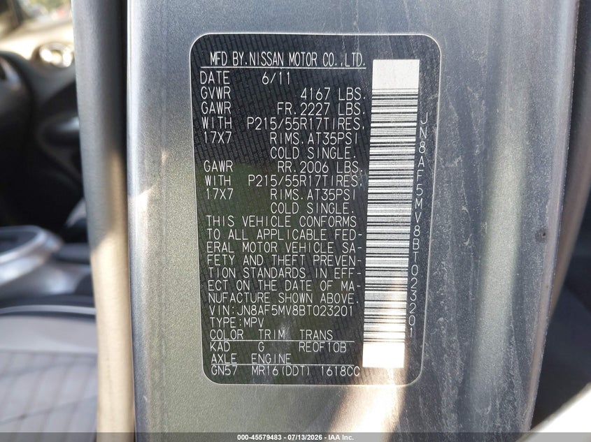 2011 Nissan Juke VIN JN8AF5MV8BT023201 IAAI salvage auction — NORMAL WEAR, Original (Maine), sold $275 on 2026-07-27 (photo 9)