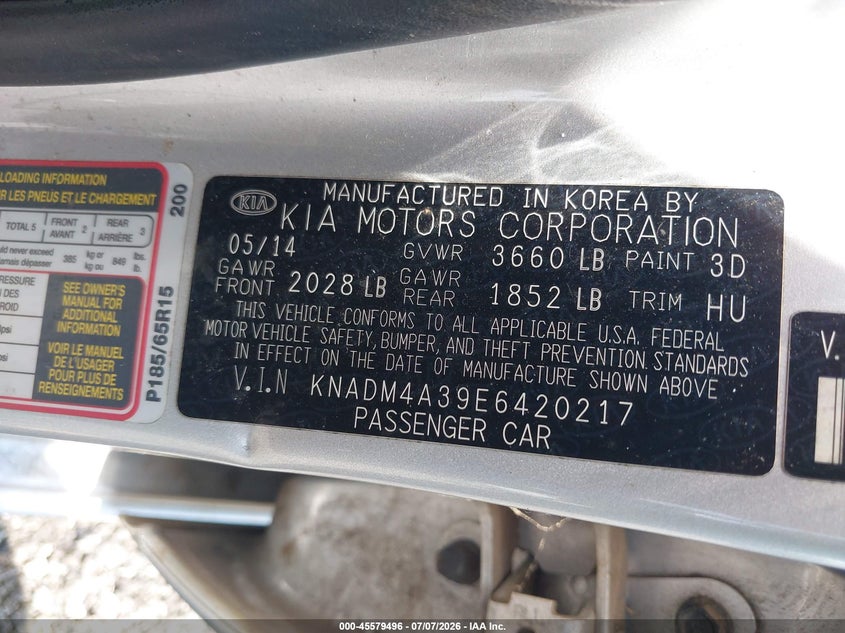2014 Kia Rio VIN KNADM4A39E6420217 IAAI salvage auction — NORMAL WEAR, Salvage Title, sold $300 on 2026-07-28 (photo 9)