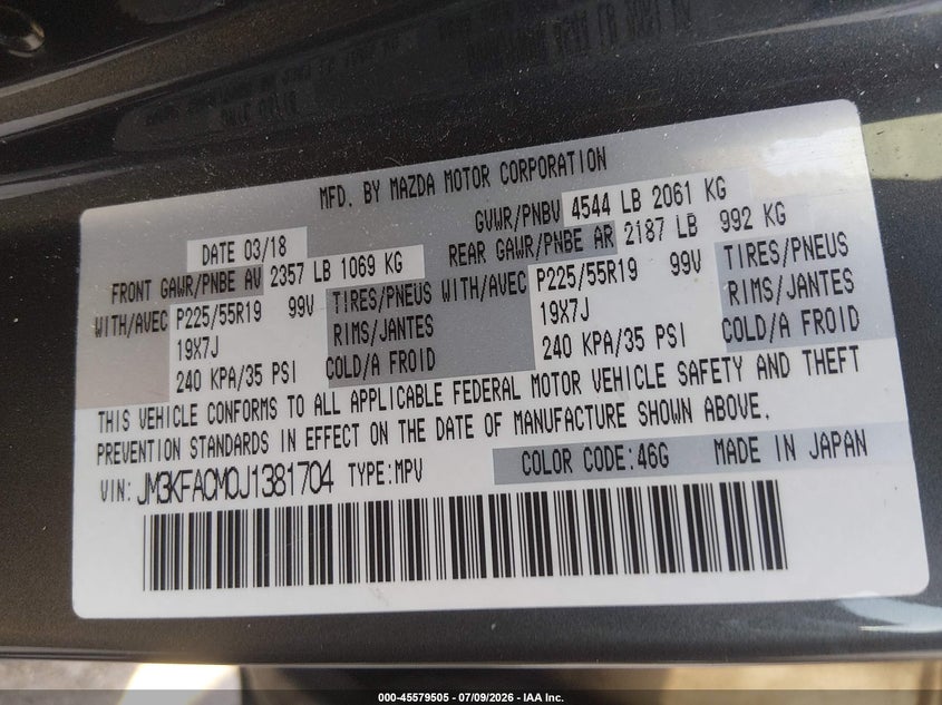 2018 Mazda Cx-5 VIN JM3KFACM0J1381704 IAAI salvage auction — NORMAL WEAR, Original (Texas), sold $4,600 on 2026-07-29 (photo 9)