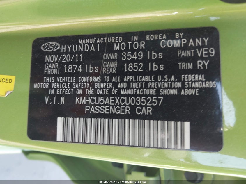 2012 Hyundai Accent VIN KMHCU5AEXCU035257 IAAI salvage auction — FRONT END, Mv-907A (New York), sold $25 on 2026-07-28 (photo 9)