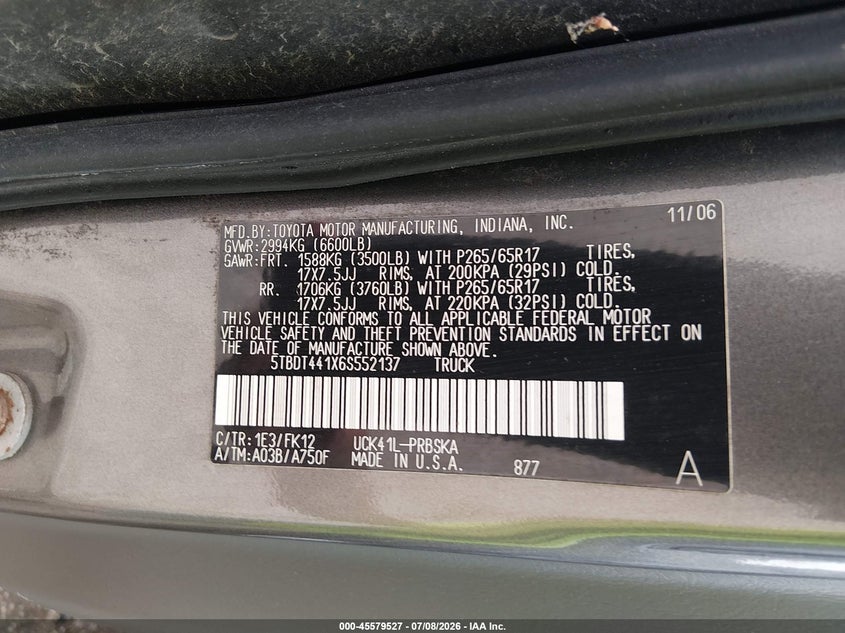 2006 Toyota Tundra VIN 5TBDT441X6S552137 IAAI salvage auction — NORMAL WEAR, Clear (Maryland), sold $2,550 on 2026-07-30 (photo 9)