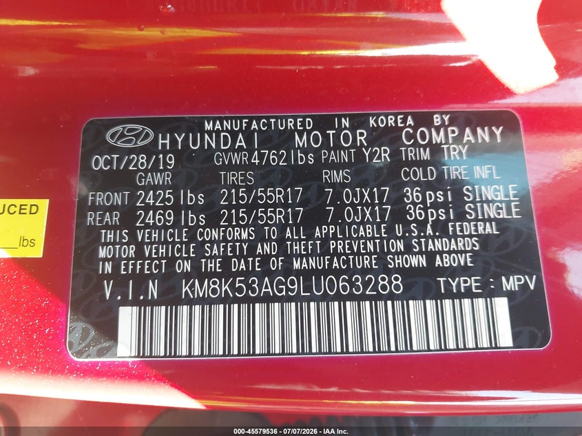 2020 Hyundai Kona VIN KM8K53AG9LU063288 IAAI salvage auction — REAR END, Salvage Title, sold $5,400 on 2026-07-29 (photo 9)