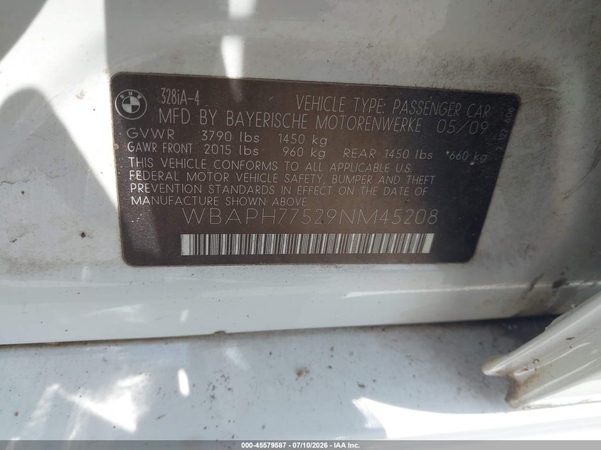 2009 BMW 3 series VIN WBAPH77529NM45208 IAAI salvage auction — NORMAL WEAR, Clear (Georgia), sold $750 on 2026-07-29 (photo 9)