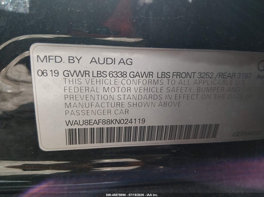 2019 Audi A8 VIN WAU8EAF88KN024119 IAAI salvage auction — TRANSMISSION, Salvage Title, sold $15,900 on 2026-08-05 (photo 9)