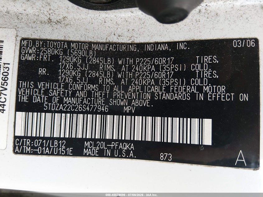 2006 Toyota Sienna VIN 5TDZA22C26S477946 IAAI salvage auction — SIDE, Clear (Washington), sold $400 on 2026-07-29 (photo 9)