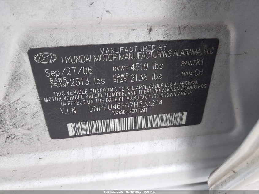 2007 Hyundai Sonata VIN 5NPEU46F67H233214 IAAI salvage auction — FRONT END, Salvage (Pennsylvania), sold $500 on 2026-07-28 (photo 9)