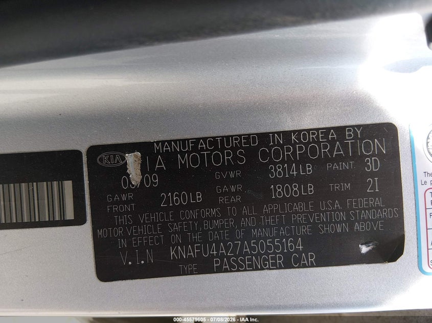 2010 Kia Forte VIN KNAFU4A27A5055164 IAAI salvage auction — FRONT END, Clear (Arkansas), sold $475 on 2026-08-23 (photo 9)