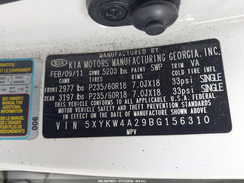 2011 Kia Sorento VIN 5XYKW4A29BG156310 IAAI salvage auction — NORMAL WEAR, Clear (Florida), sold $1,850 on 2026-07-21 (photo 9)