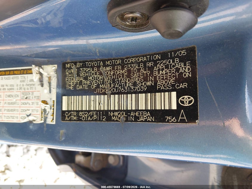 2006 Toyota Prius VIN JTDKB20U763137039 IAAI salvage auction — NORMAL WEAR, Original (Kentucky), sold $25 on 2026-07-28 (photo 9)