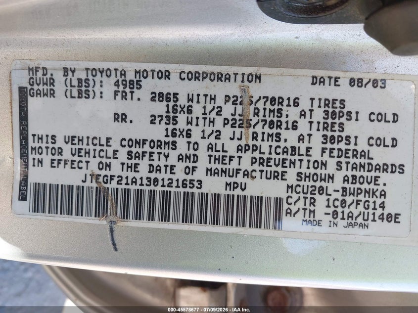 2003 Toyota Highlander VIN JTEGF21A130121653 IAAI salvage auction — NORMAL WEAR, Original (Maine), sold $300 on 2026-07-27 (photo 9)