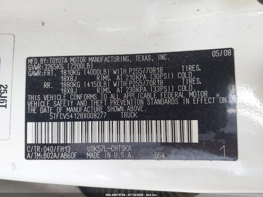2008 Toyota Tundra VIN 5TFCV54128X008277 IAAI salvage auction — RIGHT SIDE, Clear (Virginia), sold $2,875 on 2026-07-28 (photo 9)