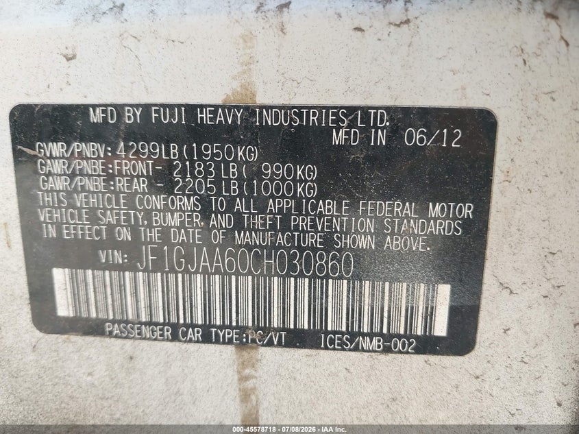 2012 Subaru Impreza VIN JF1GJAA60CH030860 IAAI salvage auction — NORMAL WEAR, Salvage Title, sold $225 on 2026-07-29 (photo 9)