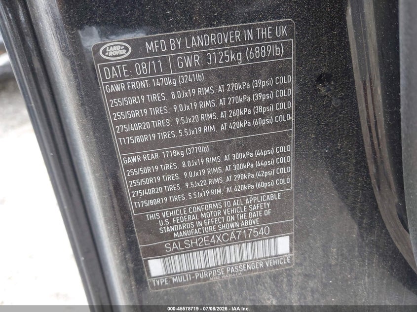 2012 Land rover Range rover sport VIN SALSH2E4XCA717540 IAAI salvage auction — NORMAL WEAR, Clear (Virginia), sold $975 on 2026-07-11 (photo 9)