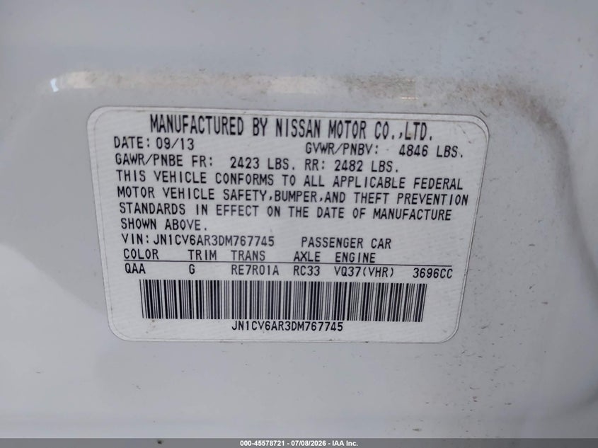 2013 Infiniti G37 VIN JN1CV6AR3DM767745 IAAI salvage auction — NORMAL WEAR, Clear-Dealer Only (North Carolina), sold $750 on 2026-07-16 (photo 9)