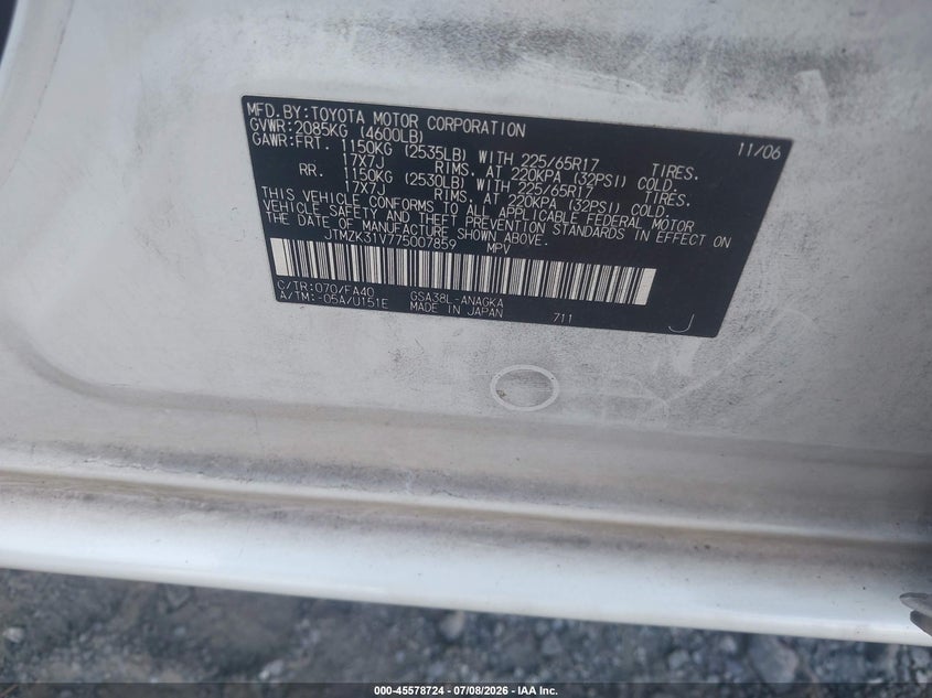 2007 Toyota Rav4 VIN JTMZK31V775007859 IAAI salvage auction — NORMAL WEAR, Clear (Georgia), sold $400 on 2026-07-21 (photo 9)
