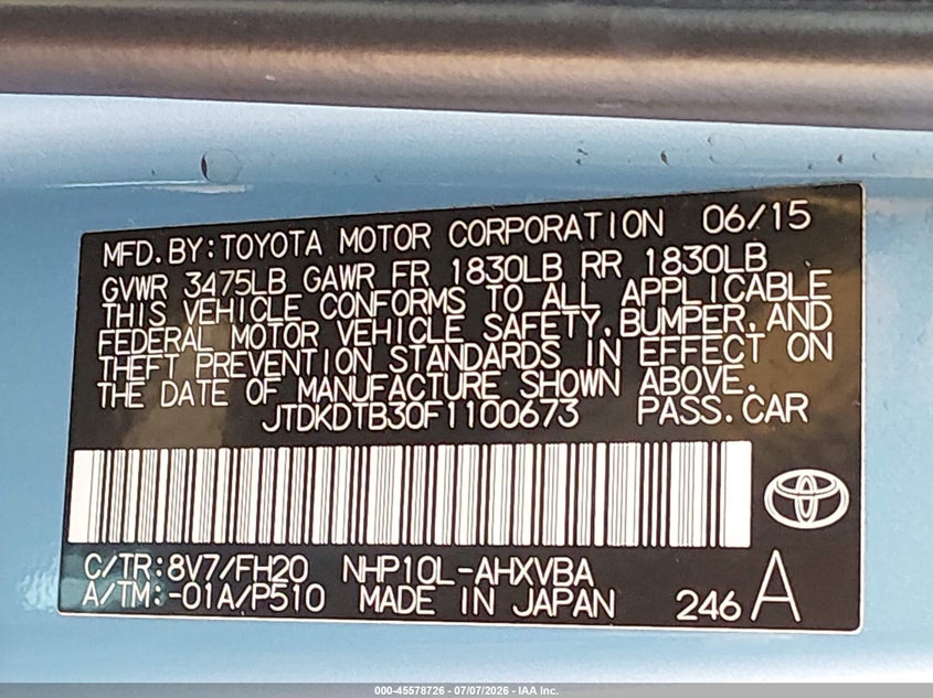 2015 Toyota Prius c VIN JTDKDTB30F1100673 IAAI salvage auction — LEFT & RIGHT, Salvage (Pennsylvania), sold $950 on 2026-07-31 (photo 9)