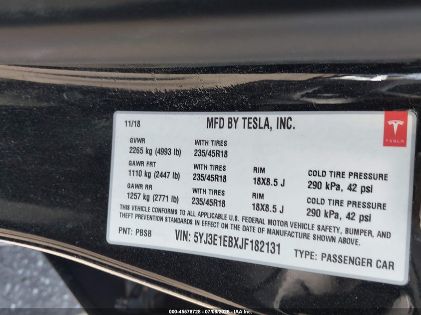 2018 Tesla Model 3 VIN 5YJ3E1EBXJF182131 IAAI salvage auction — FRONT END, Wait Title, sold $5,100 on 2026-09-11 (photo 9)