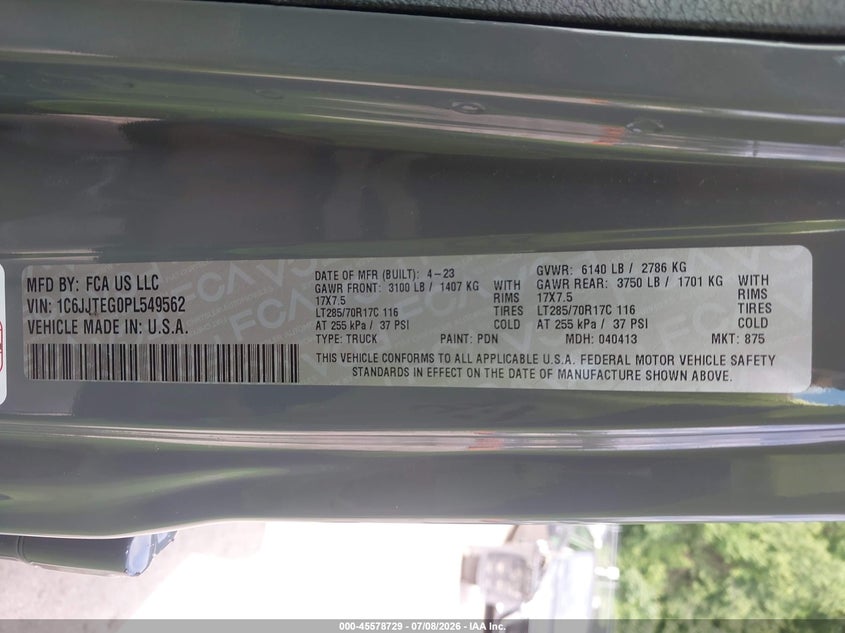 2023 Jeep Gladiator VIN 1C6JJTEG0PL549562 IAAI salvage auction — ROOF, Salvage - 75% Or Less (Maryland), sold $15,750 on 2026-09-15 (photo 9)