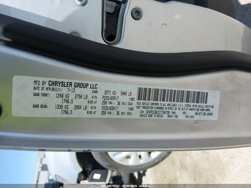 2013 Dodge Journey VIN 3C4PDCAB1DT734739 IAAI salvage auction — FRONT END, Salvage (Texas), sold $550 on 2026-07-31 (photo 9)