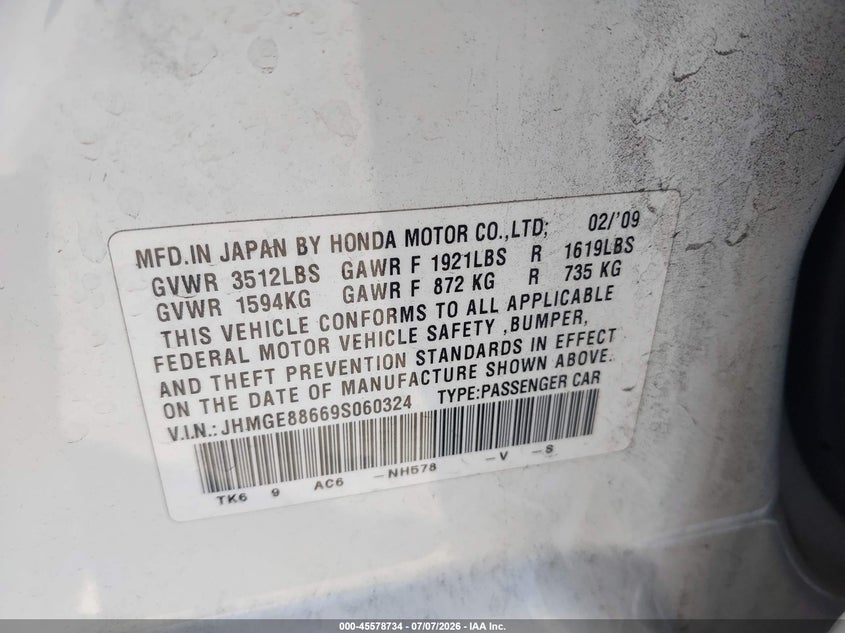 2009 Honda Fit VIN JHMGE88669S060324 IAAI salvage auction — FRONT END, Salvage (California), sold $1,650 on 2026-07-28 (photo 9)