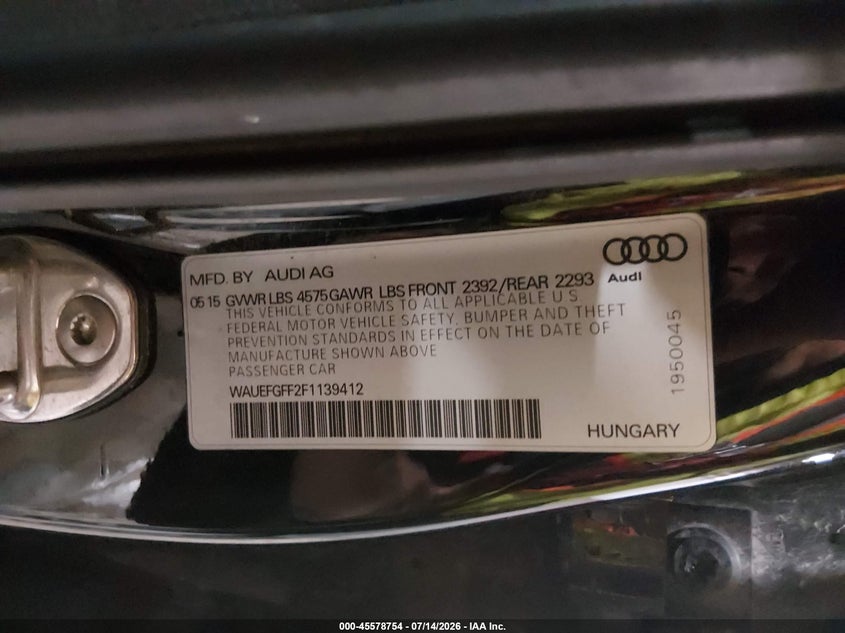 2015 Audi A3 VIN WAUEFGFF2F1139412 IAAI salvage auction — HAIL, Salvage Title, sold $1,650 on 2026-08-03 (photo 9)