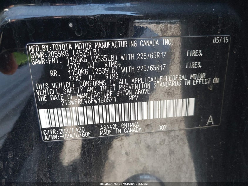 2015 Toyota Rav 4 VIN 2T3WFREV6FW190571 IAAI salvage auction — FRONT END, Salvage Certificate (California), sold $3,200 on 2026-07-18 (photo 9)