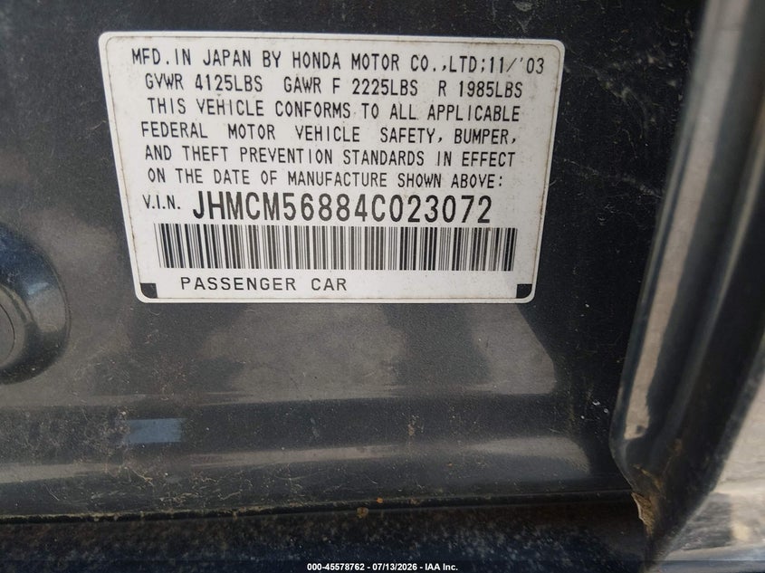 2004 Honda Accord VIN JHMCM56884C023072 IAAI salvage auction — NORMAL WEAR, Clear (Missouri), sold $375 on 2026-07-30 (photo 9)