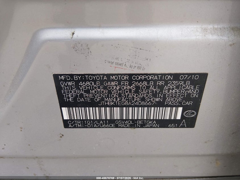 2010 Lexus Es 350 VIN JTHBK1EG8A2408667 IAAI salvage auction — NORMAL WEAR, Clear (Virginia), sold $1,975 on 2026-07-17 (photo 9)