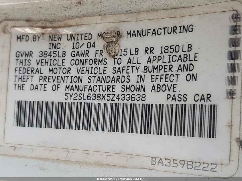 2005 Pontiac Vibe VIN 5Y2SL638X5Z433638 IAAI salvage auction — NORMAL WEAR, Clear (Georgia), sold $625 on 2026-07-11 (photo 9)
