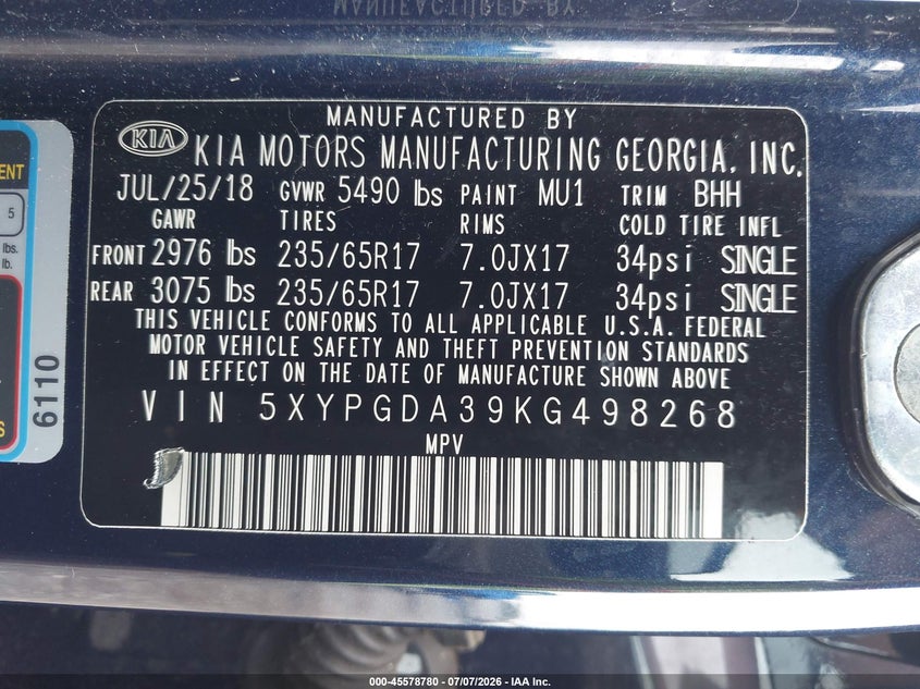2019 Kia Sorento VIN 5XYPGDA39KG498268 IAAI salvage auction — LEFT FRONT, Salvage Title, sold $4,350 on 2026-07-15 (photo 9)