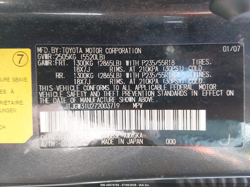2007 Lexus Rx 400h VIN JTJGW31U272003719 IAAI salvage auction — NORMAL WEAR, Clear (Georgia), sold $825 on 2026-07-30 (photo 9)