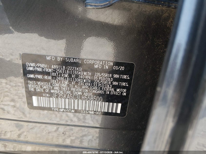 2020 Subaru Forester VIN JF2SKASC3LH558500 IAAI salvage auction — FRONT END, Salvage (Ohio), sold $3,550 on 2026-08-02 (photo 9)