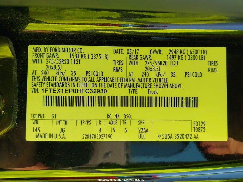 2017 Ford F-150 VIN 1FTEX1EP0HFC32930 IAAI salvage auction — FRONT END, Salvage (Ohio), sold $4,550 on 2026-08-01 (photo 9)