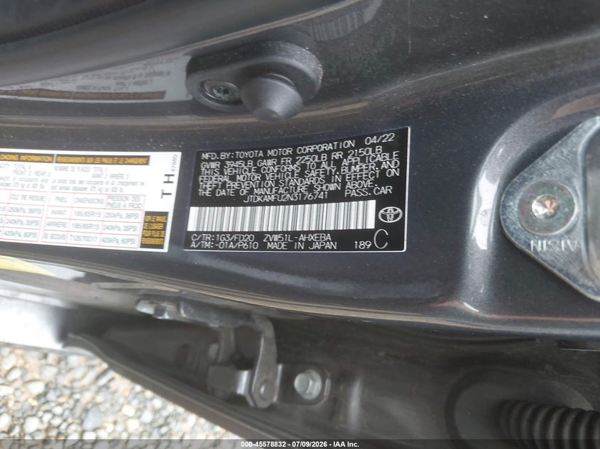 2022 Toyota Prius VIN JTDKAMFU2N3176741 IAAI salvage auction — LEFT REAR, Salvage (Virginia), sold $5,400 on 2026-07-30 (photo 9)