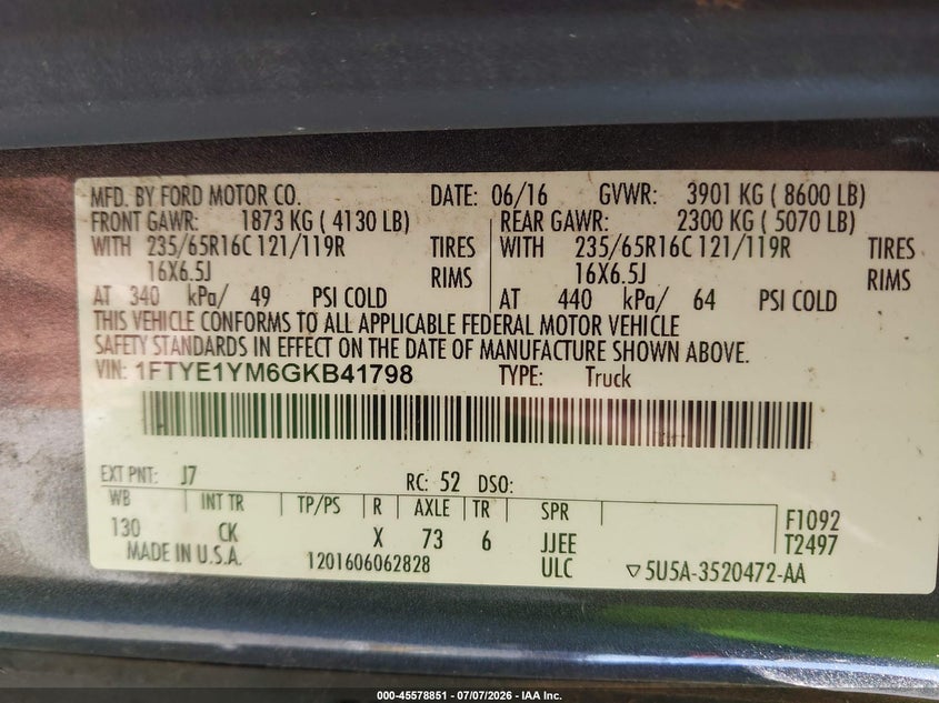 2016 Ford Transit 150 VIN 1FTYE1YM6GKB41798 IAAI salvage auction — NORMAL WEAR, Sf97 (California), sold $14,350 on 2026-07-30 (photo 9)