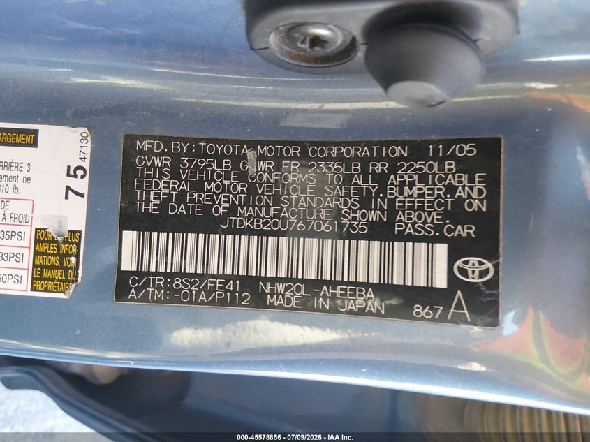 2006 Toyota Prius VIN JTDKB20U767061735 IAAI salvage auction — RIGHT FRONT, Clear (Nevada), sold $100 on 2026-07-24 (photo 9)