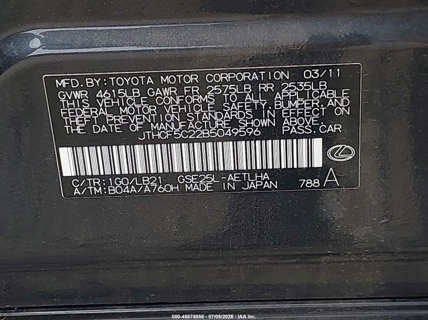 2011 Lexus Is 250 VIN JTHCF5C22B5049596 IAAI salvage auction — FRONT END, Bill Of Sale (Washington), sold $1,700 on 2026-07-15 (photo 9)