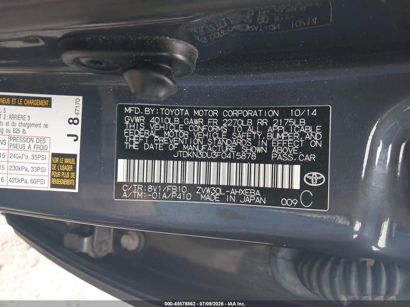 2015 Toyota Prius VIN JTDKN3DU3F0415878 IAAI salvage auction — FRONT END, Salvage (Kentucky), sold $1,500 on 2026-07-31 (photo 9)