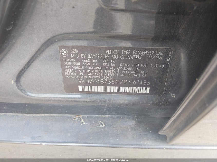 2007 BMW 3 series VIN WBAVB735X7KY61455 IAAI salvage auction — NORMAL WEAR, Original (Texas), sold $425 on 2026-07-17 (photo 9)