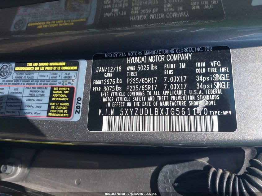 2018 Hyundai Santa fe VIN 5XYZUDLBXJG561110 IAAI salvage auction — REAR END, Salvage (Ohio), sold $3,250 on 2026-07-31 (photo 9)